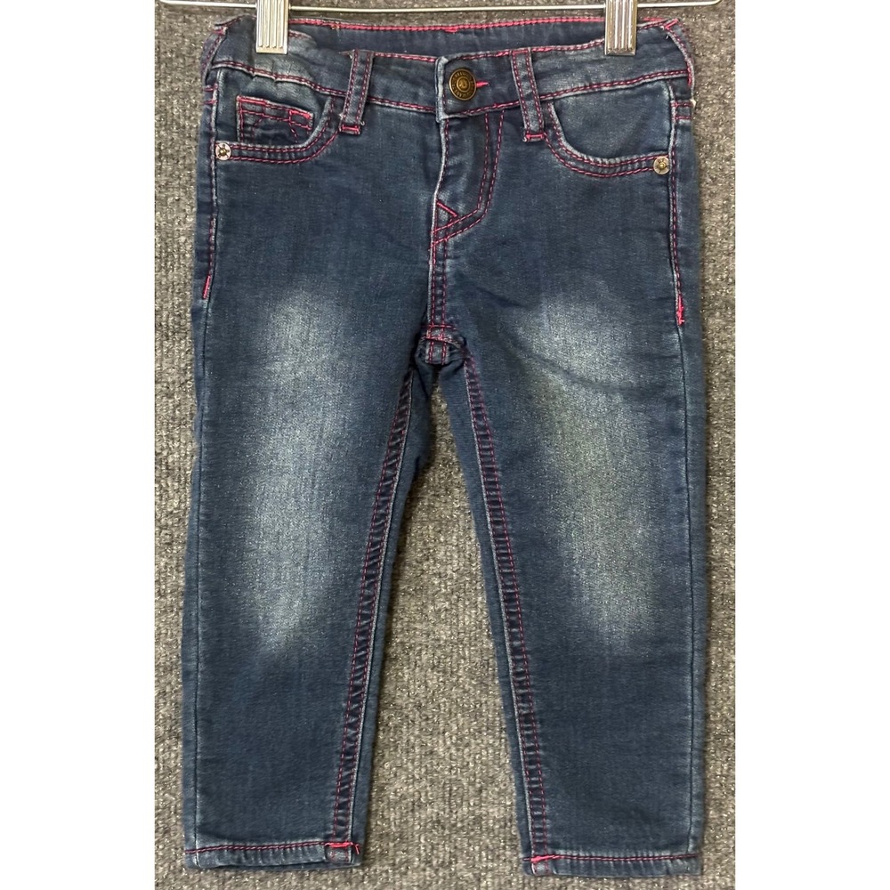 True Religion Toddler Girls Dark Wash Pink Stitch Horseshoe Jeans 24M
